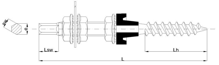 INOX Szpilka drewno-metal - zestaw z nakrętkami kołnierzowymi i adapterem